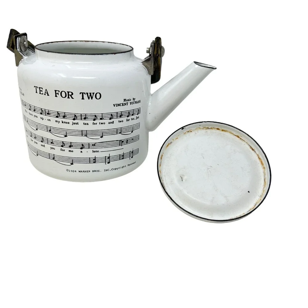 Tea For Two Teapot‎ Vintage 1979 Kamenstein Porcelain Enamel Metal Wood Handle
